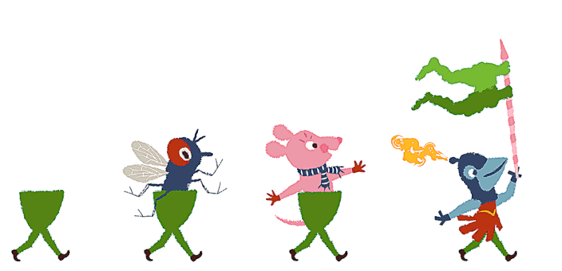 Green Tights – 18 funny rhymes. Vihreät sukkahousut kirjan satuhahmot marssivat tahdissa. Gif-animaatio. © 2023 Leena Kumpulainen | Moonshrew illustration